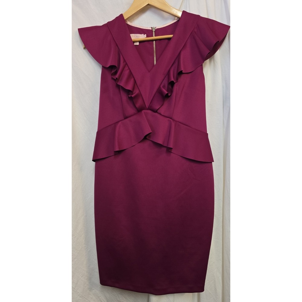 Ted Baker London Size 3 Burgundy Ruffle Peplum Sheath Dress Cocktail USA 8 - Picture 4 of 9